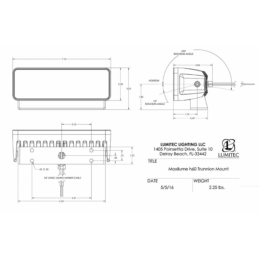Lumitec Maxillume h60 Trunnion Mount Flood Light White Dimming White Housing 101334