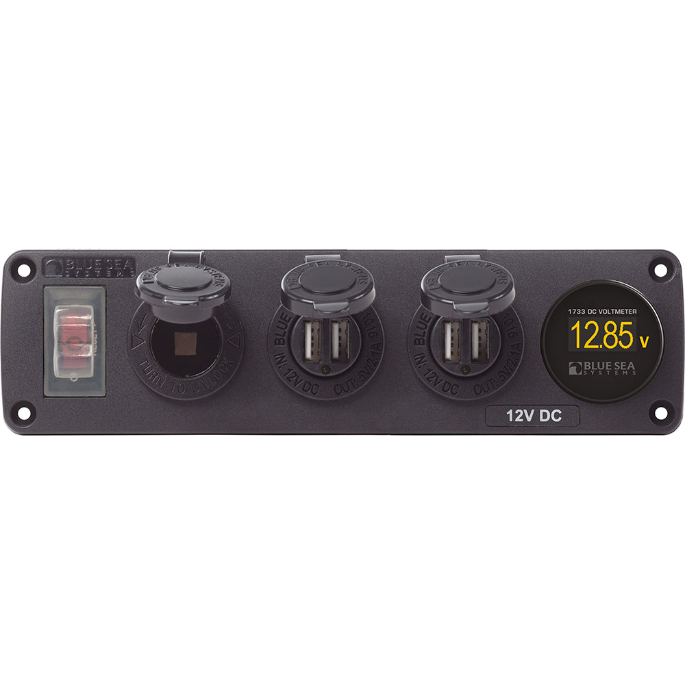Blue Sea 4368 Water Resistant USB Accessory Panel 12V Socket 2x 21A Dual USB Chargers Mini Voltmeter 4368