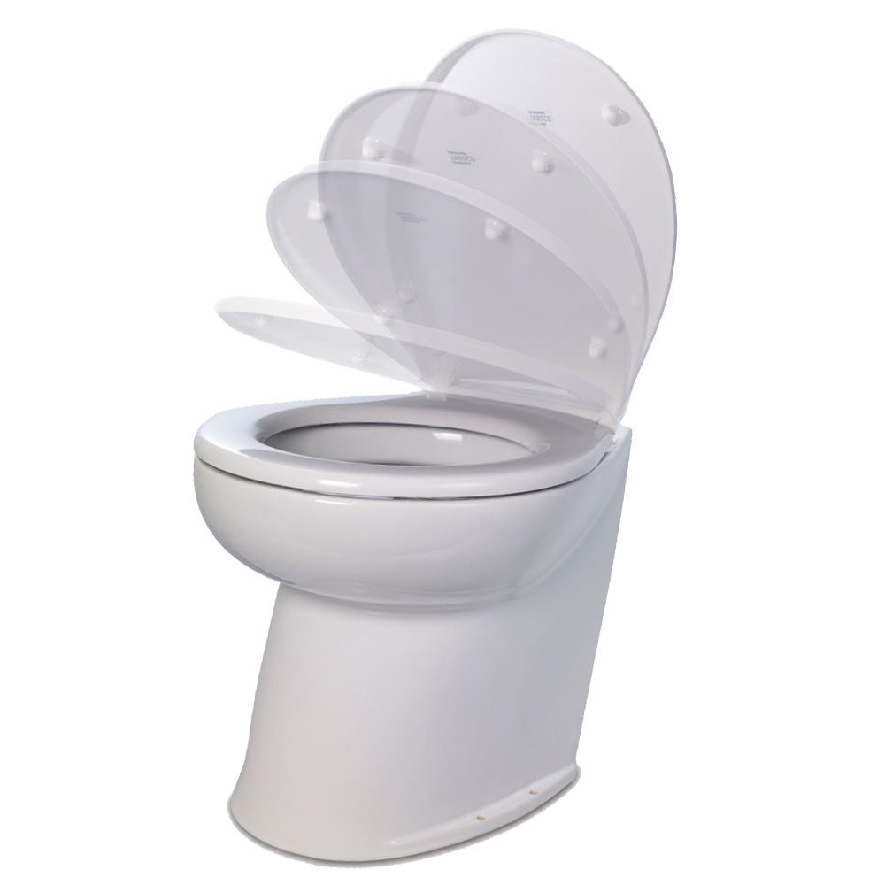 Jabsco Deluxe Flush 14 Angled Back 12V Raw Water Electric Marine Toilet wRemote Rinse Pump Soft Close Lid 582603012
