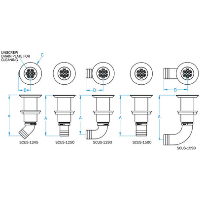 GROCO 114 Hose Barb Stainless Straight Deck Drain  SCUS1250