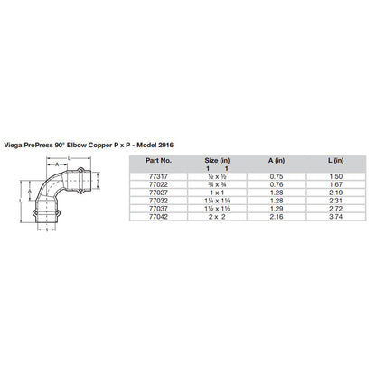 Viega ProPress 1  90 Copper Elbow  Double Press Connection  Smart Connect Technology 77027