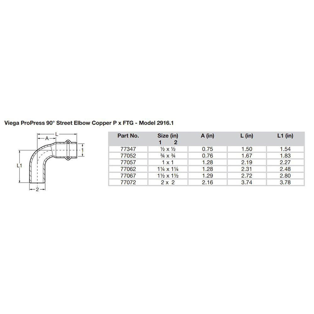 Viega ProPress 34  90 Copper Elbow  StreetPress Connection  Smart Connect Technology 77052