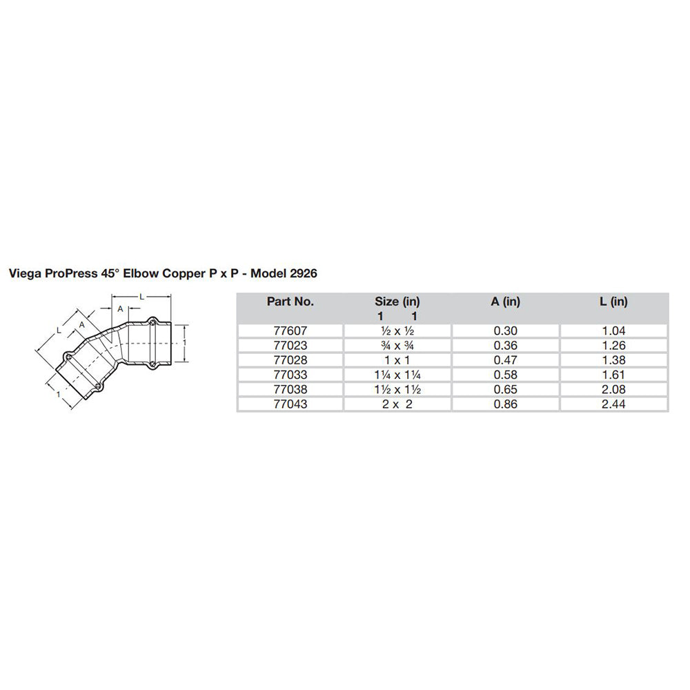 Viega ProPress 12  45 Copper Elbow  Double Press Connection  Smart Connect Technology 77607