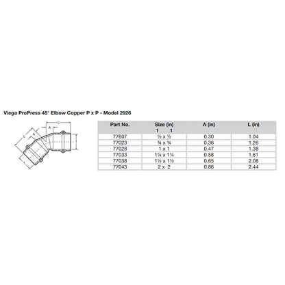 Viega ProPress 12  45 Copper Elbow  Double Press Connection  Smart Connect Technology 77607