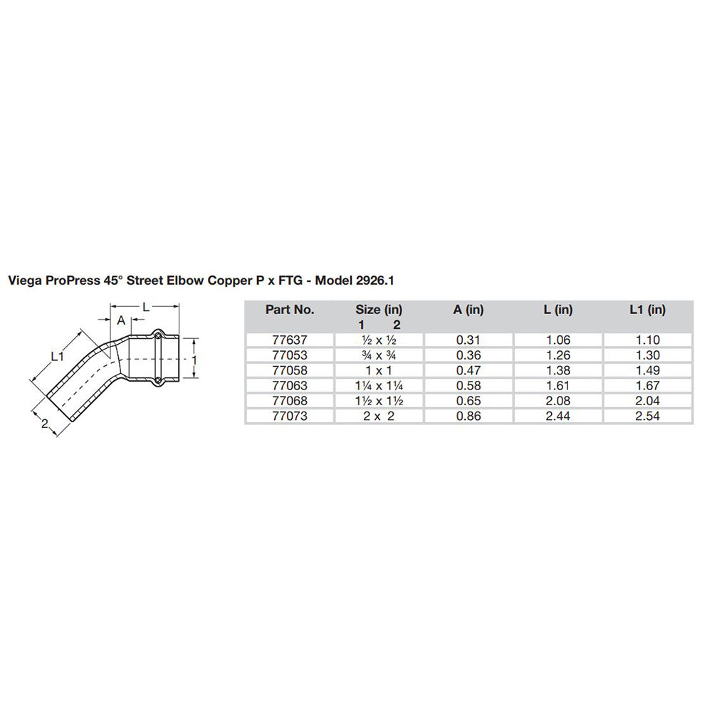 Viega ProPress 114  45 Copper Elbow  StreetPress Connection  Smart Connect Technology 77063