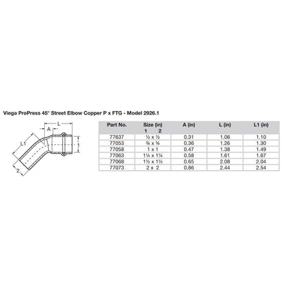Viega ProPress 112  45 Copper Elbow  StreetPress Connection  Smart Connect Technology 77068