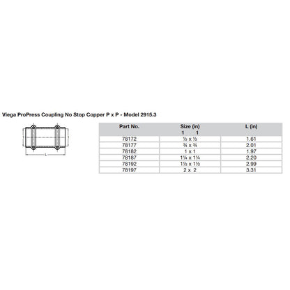 Viega ProPress 112 Copper Coupling wo Stop  Double Press Connection  Smart Connect Technology 78192