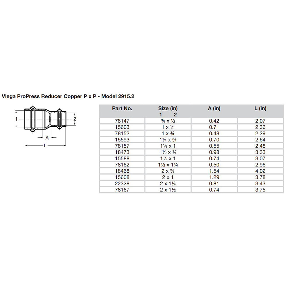 Viega ProPress 2 x 1 Copper Reducer  Double Press Connection  Smart Connect Technology 15608