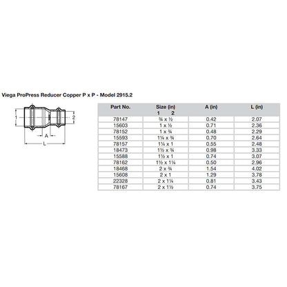 Viega ProPress 2 x 112 Copper Reducer  Double Press Connection  Smart Connect Technology 78167