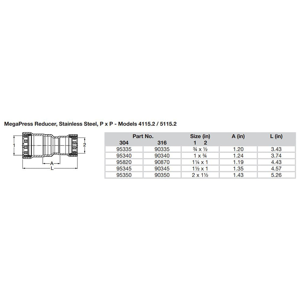 Viega MegaPress 34 x 12 Stainless Steel 304 Reducer  Double Press Connection  Smart Connect Technology 95335