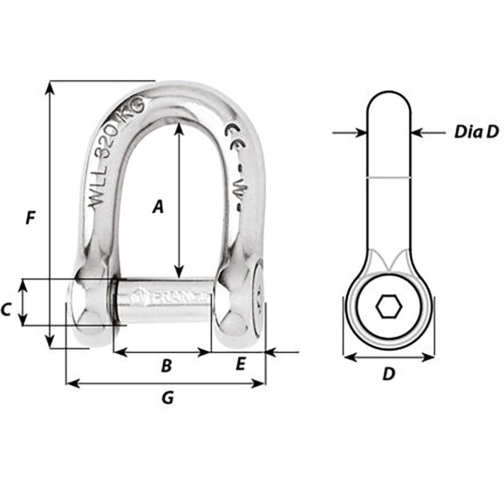 Wichard SelfLocking Allen Head Pin D Shackle  8mm Diameter  516 1304W