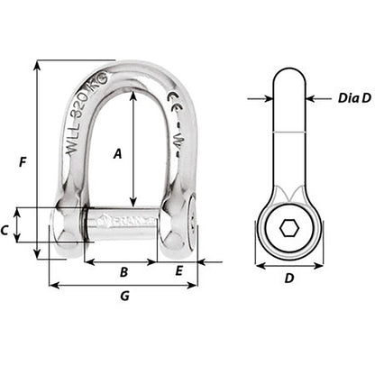 Wichard SelfLocking Allen Head Pin D Shackle  8mm Diameter  516 1304W